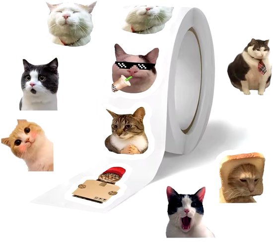Verschillende schattige kattenstickers los van de rol: kat met zonnebril, kat in brood, dikke kat met stropdas, kat met rood mutsje.