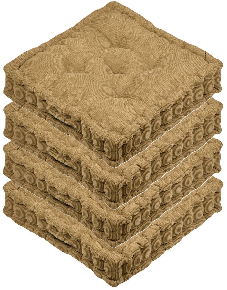 Stof Textile Vloerkussen Ribcord - 4x - camel - polyester - 45 x 45 x 10 cm - vierkant - Extra dik - extra zitplaatsen - spelen - gamen - relaxen