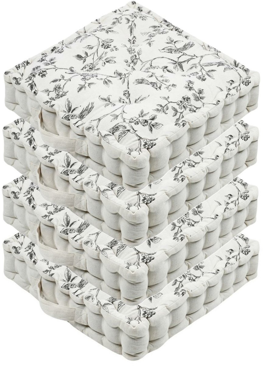 Stof Textile Vloerkussen Leaves - 4x - wit/grijs - katoen/polyester - 45 x 45 x 10 cm - vierkant - Extra dik - extra zitplaatsen Multi