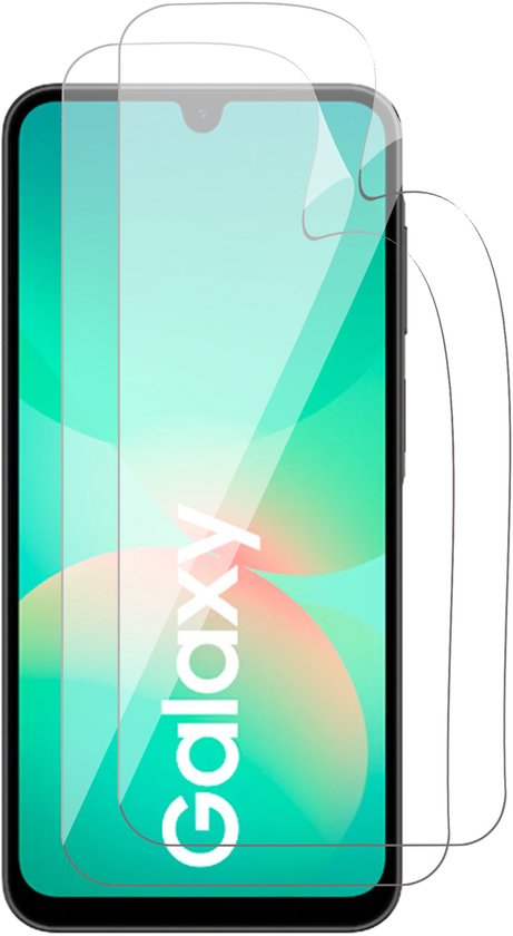Twee doorzichtige iCall screenprotectors op een Samsung Galaxy telefoon.