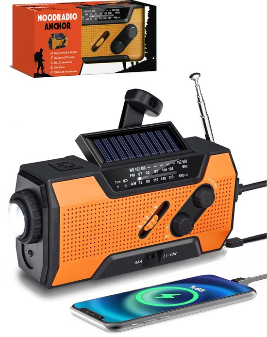 Noodradio op batterij incl. 2000mAh powerbank - Draagbare Radio - Opwindbare Radio - Noodradio solar opwindbaar