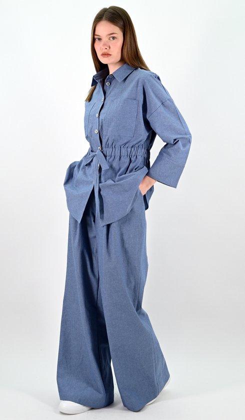 YesMooi - Chemisier Look Denim avec ceinture à nouer - L (40) - 100 % Katoen
