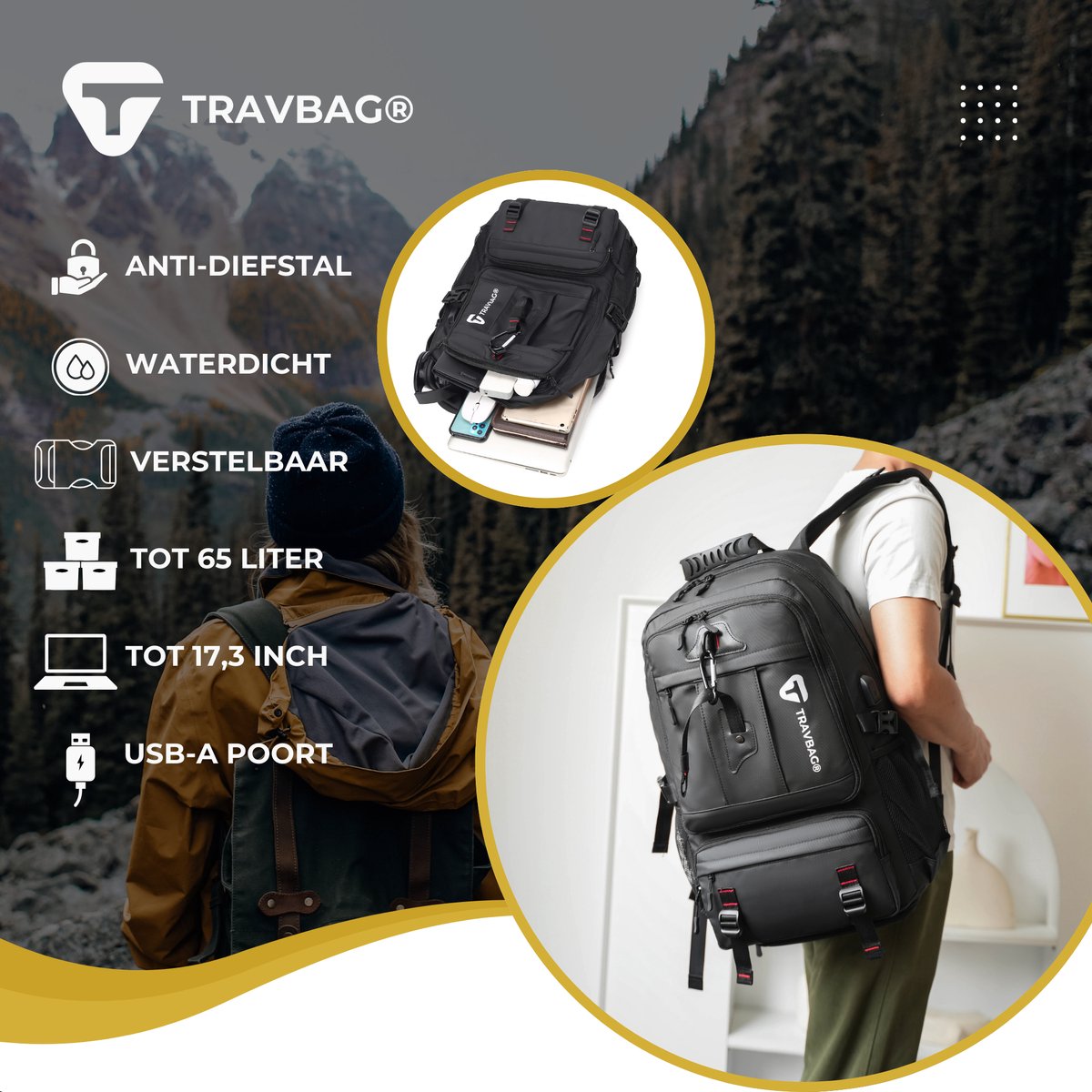 TRAVBAG® VOYAGER Rugzak - Ruime capaciteit & Verstelbaar - Backpack Reistas - Wandelrugzak - Waterdicht - USB Oplaadpoort - 65 Liter - Laptopvak - Anti-diefstal - Voor Reizen, Werk & School – foto 2