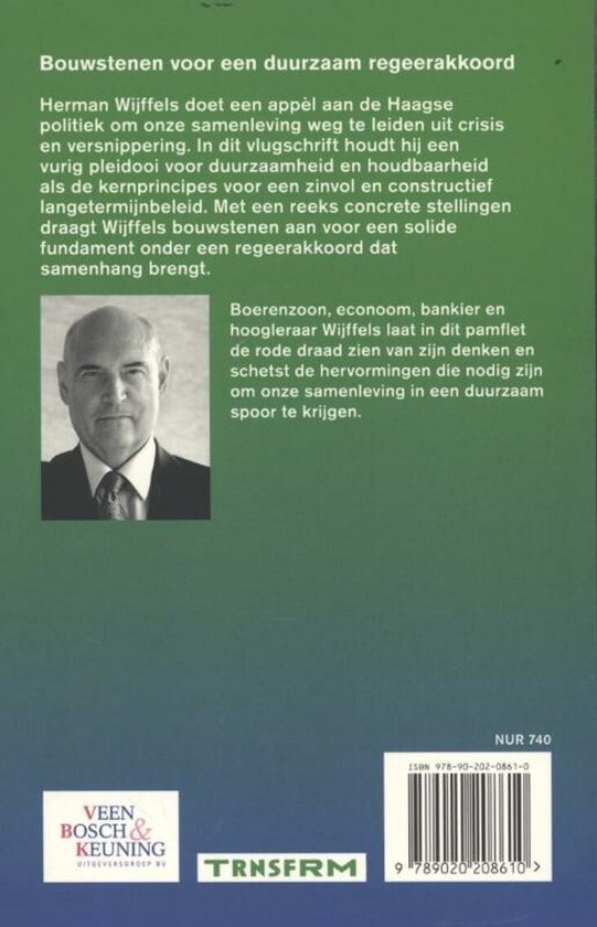 Achterkant van het boek "Bouwstenen voor een duurzaam regeerakkoord". Foto van Herman Wijffels.