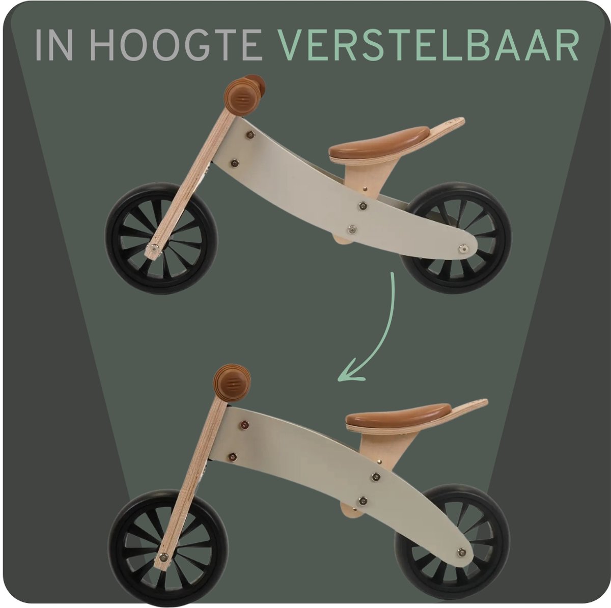 Bandits & Angels Smart Bike Loopfiets Hout 4-in-1 Groen vanaf 1 jaar - Voor Jongens en Meisjes - Houten Loop Fiets Olijfgroen - Omkeerbaar in Driewieler en Tweewieler - Verstelbaar Zadel — afbeelding 2