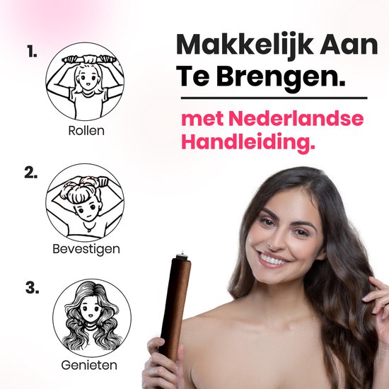Illustraties van stappen voor het aanbrengen van rollers en een lachende vrouw met bruine blowout rollers.