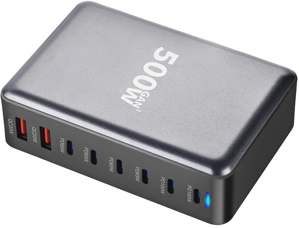 Ghekkli GaN 500W USB-C Laadstation – 8 Poorten (6x USB-C, 2x USB-A) – 100W PD – Voor Laptop, Tablet, Telefoon – Zwart