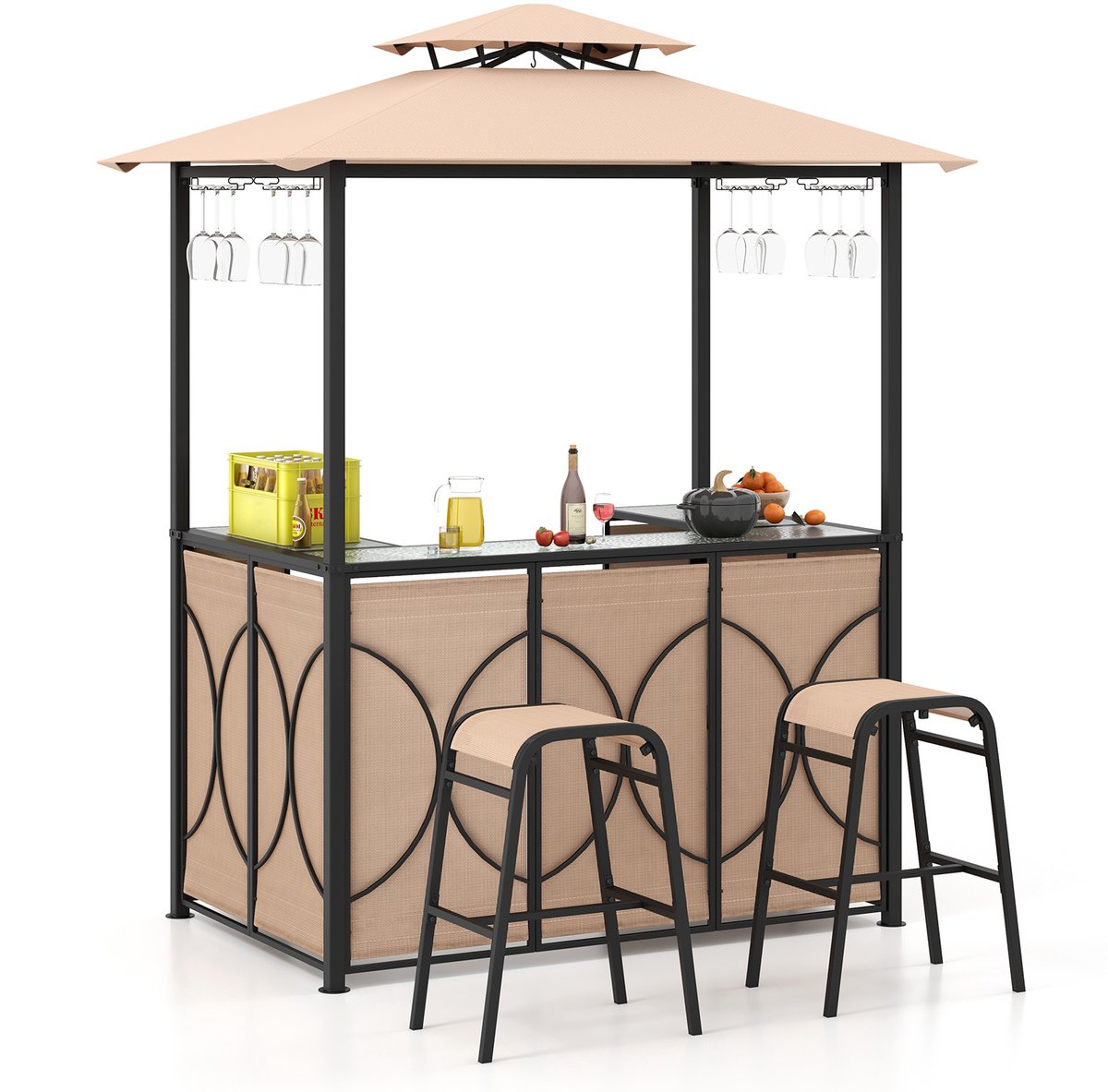 COSTWAY Tuinbarset, bartafel met 2 barkrukken, metalen planken en glashouders, grillpaviljoen met dubbel dak, statafel van gehard glas, voor terras en tuin (bruin)