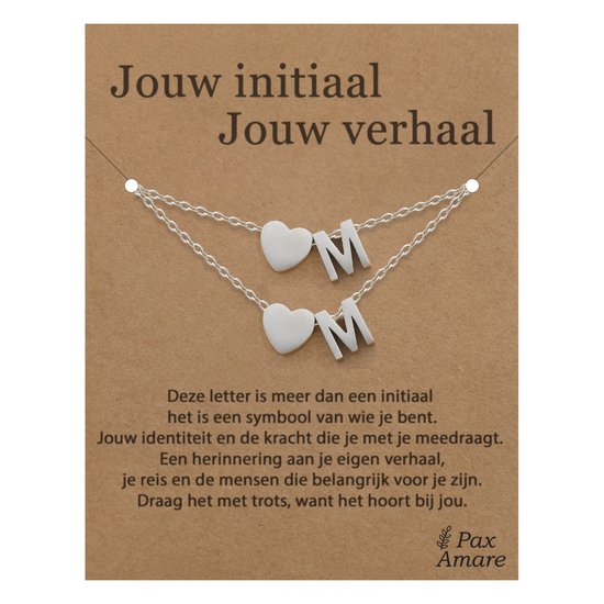 Letter M ketting + armband set op Cadeau Kaartje - Jouw initiaal, jouw verhaal - Zilverkleurig Stainless Steel - Initiaal & Hartje Hanger - Pax Amare