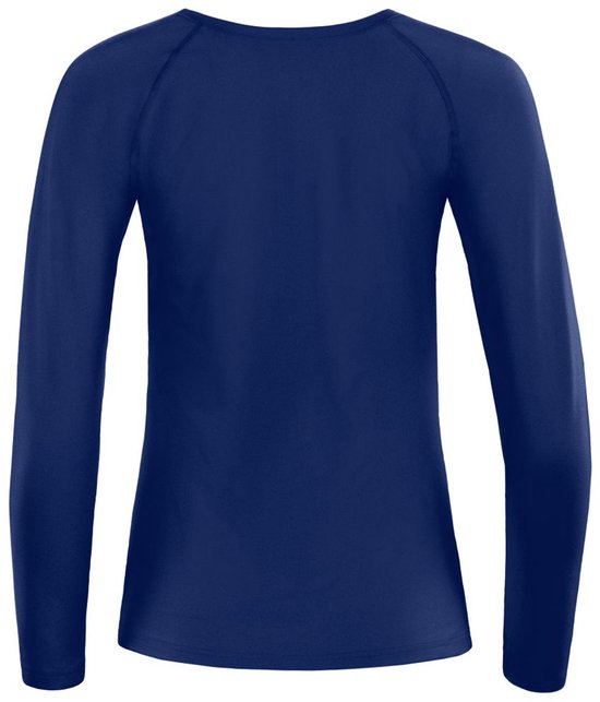 Donkerblauwe longsleeve top, achterkant, met raglanmouwen.