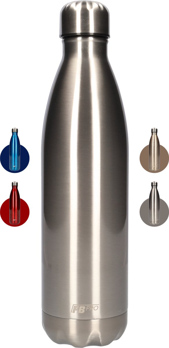 FBFS67 Thermosfles, Drinkfles, Waterfles - 750 ml - Thermos fles voor de warme en koude dagen - Dubbelwandig - Thermosbeker Koffie, thee en Koele dranken - Water fles voor onderweg - Chrome Zilver - Chrome Silver