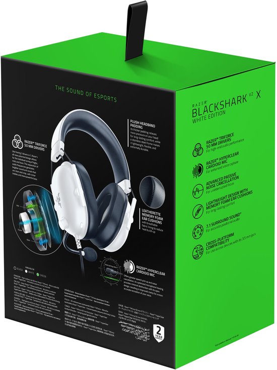 Verpakking van de Razer Blackshark V2 X gaming headset, wit, met afbeeldingen van het product en functies.