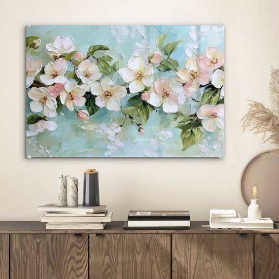 MuchoWow® Tableau sur verre 60x40 cm - Tableau acrylique sur verre - Fleurs - Feuilles - Bleu clair - Photo sur verre - Décoration murale salon - Décoration murale chambre - Peintures