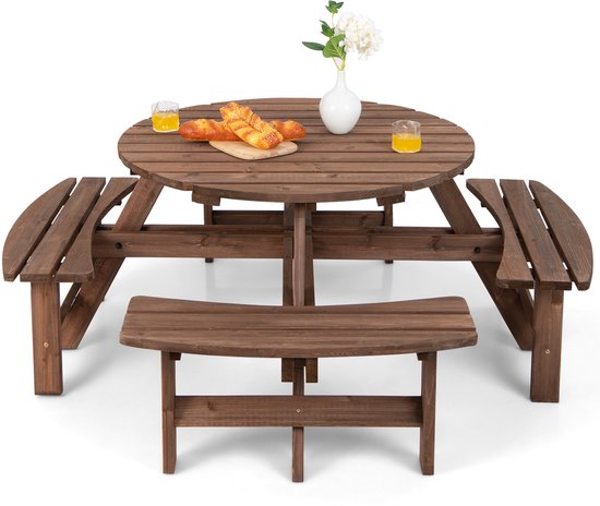 COSTWAY Picknicktafelset voor 8 personen, tuintafel van massief hout met parasolgat en 4 banken, terrasmeubels, tuinmeubelen, zitgroep voor tuin, terras