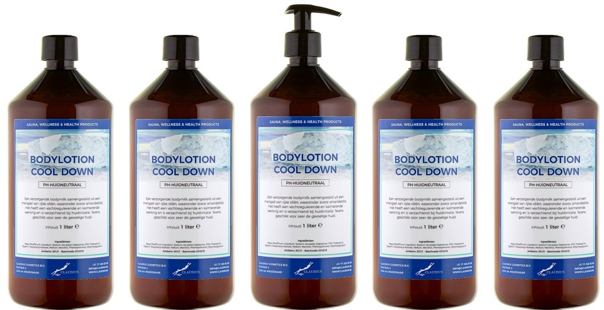Bodylotion Cool Down 1 Liter - met gratis pomp - set van 5 stuks - Voordeelverpakking