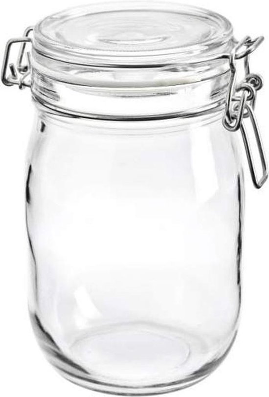 Transparante glazen weckpot met zilverkleurige metalen clipsluitingen en deksel.