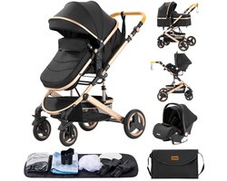 3 In 1 Kinderwagen - Luxe Buggy - Wandelwagen - Babywagen - Baby Stroller - Baby Autostoel - Inclusief mamatas - Zwartgoud