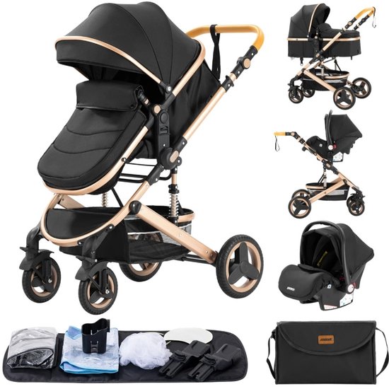3 In 1 Kinderwagen - Luxe Buggy - Wandelwagen - Babywagen - Baby Stroller - Baby Autostoel - Inclusief mamatas - Zwartgoud