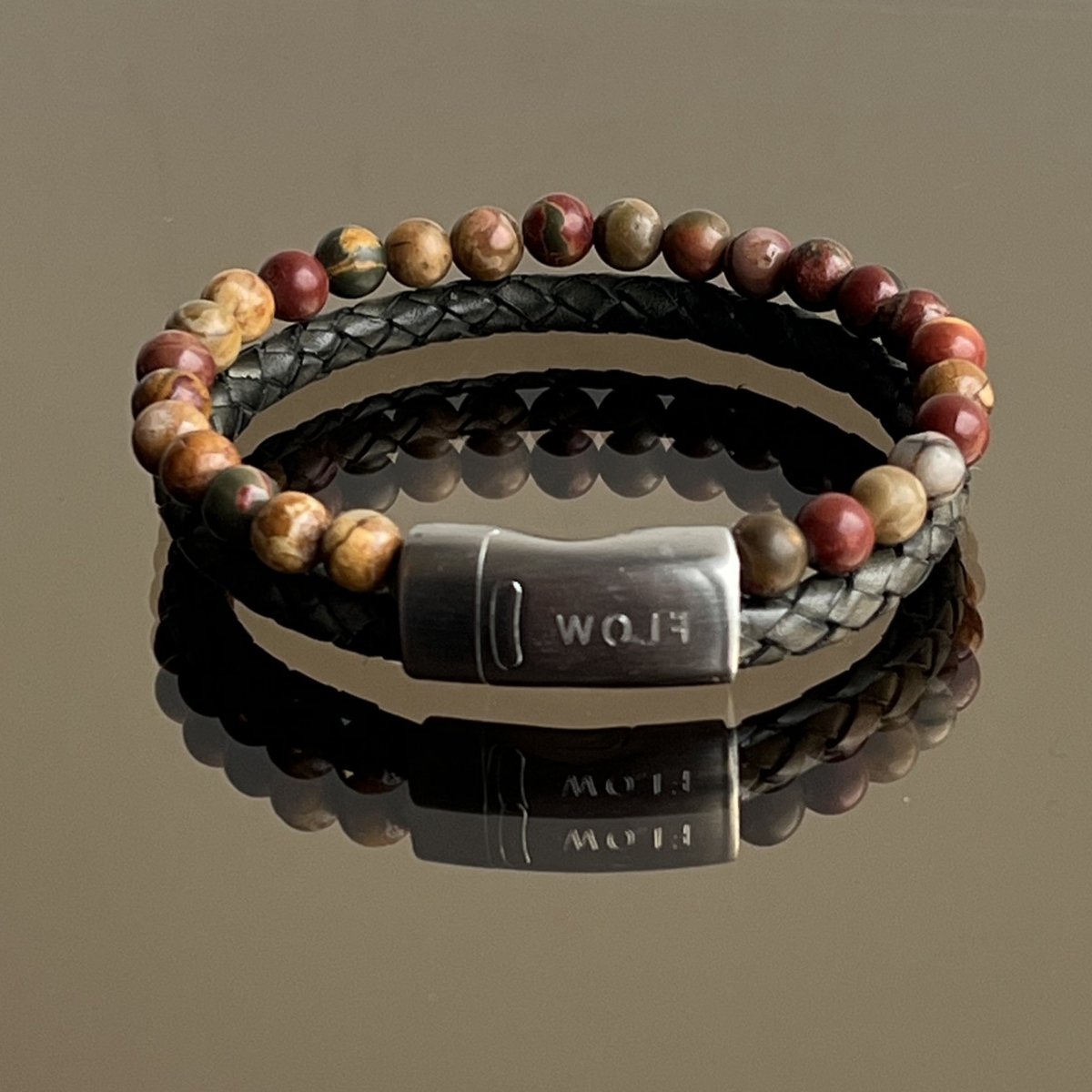 FlowJewels - Wolf Men - heren armband - leer - natuursteen