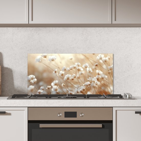 Crédence de Cuisinière en Aluminium 60x30 cm - Sauvage - Fleurs - Blanc - Écran Pare-éclaboussures pour Plaque de Cuisson - Protection Murale