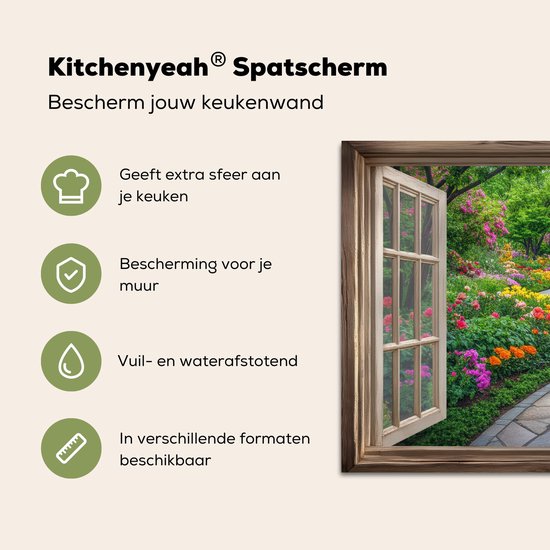 Crédence de Cuisinière en Aluminium 60x40 cm - Vue - Fleurs - Chemin de jardin - Nature - Fenêtre - Écran Pare-éclaboussures pour Plaque de Cuisson - Protection Murale