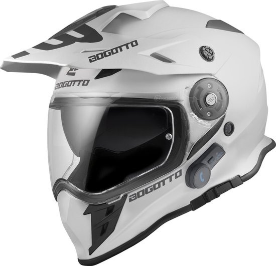 Casque Bogotto H331 BT blanc avec visière, accents noirs et module Bluetooth.