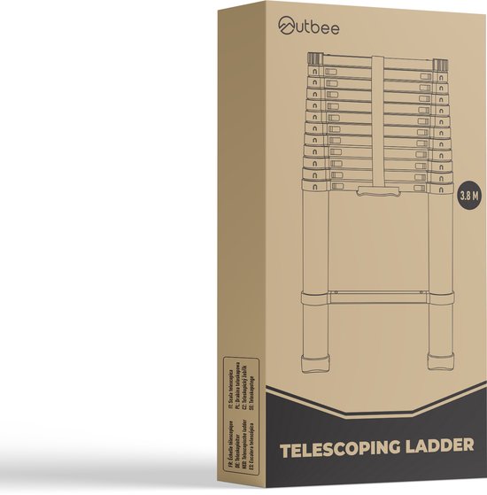 De doos van de Outbee telescopische ladder, met de tekst "TELESCOPING LADDER" en "3.8 M".