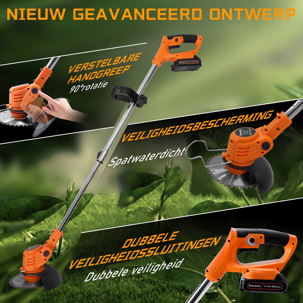 Accu grastrimmer met verstelbare steunwielen, efficiënt maaien, lichtgewicht, universeel ontwerp en reduceert trillingen en geluid, duurzaam, voor een soepele werking