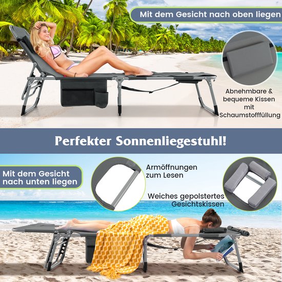 COSTWAY Zonneligstoel met gezichtsopening, opvouwbare ligstoel met verstelbare rugleuning en voetensteun, afneembaar kussen, zijzak, ligstoel voor strand, tuin, balkon, grijs van Costway — afbeelding 2