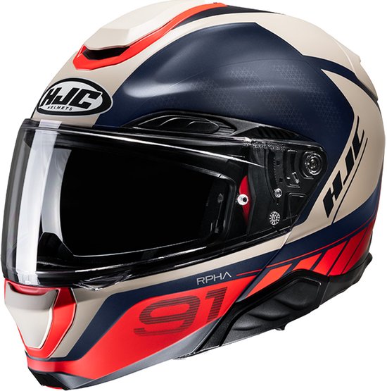 HJC RPHA 91 helm met beige, donkerblauwe en rode graphics. "91" logo op zijkant.