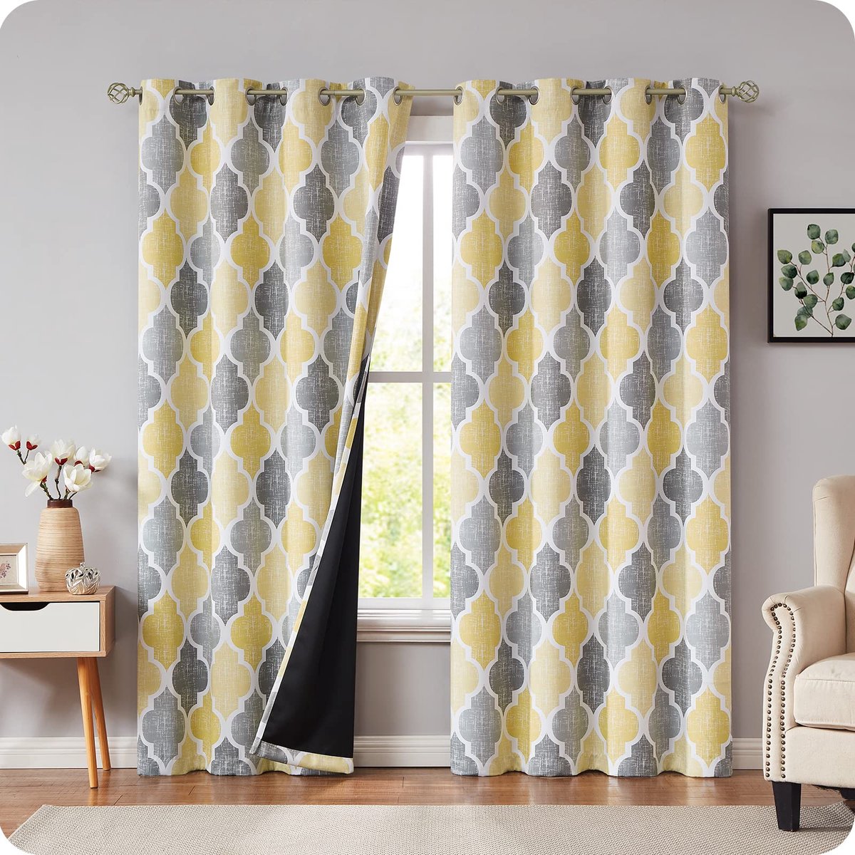 My Ninki ® Gezellige Geometrische Verduisteringsgordijnen voor Slaapkamer en Woonkamer - Set van 2, 130 x 245 cm geel