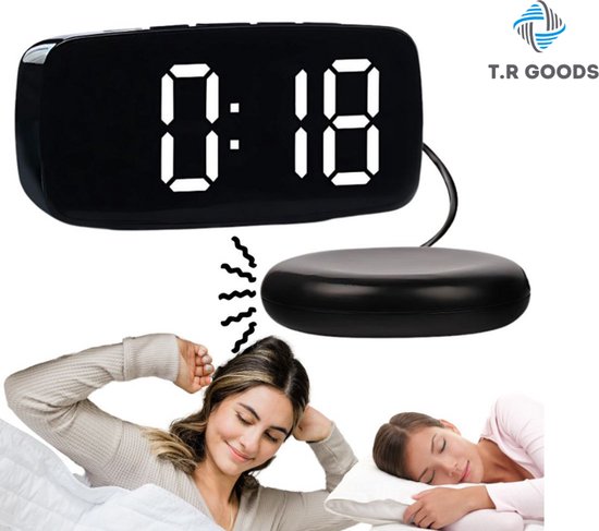 T.R Goods Digitale Wekker met Trilpad / Trilkussen - LED Display - Geluid + Vibratie - Nachtmodus - Temperatuurweergave - Netstroom & Batterij - Zwart - Voor Diepe Slapers en Slechthorenden
