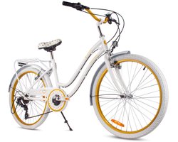 Heart Bike Kinderfiets 24 inch meisjes van 8 tot 12 jaar, Wit-Goud, Fiets voor een meisje met 7 versnellingen, bagagedrager, metalen spatborden, V-brake, kettingkast