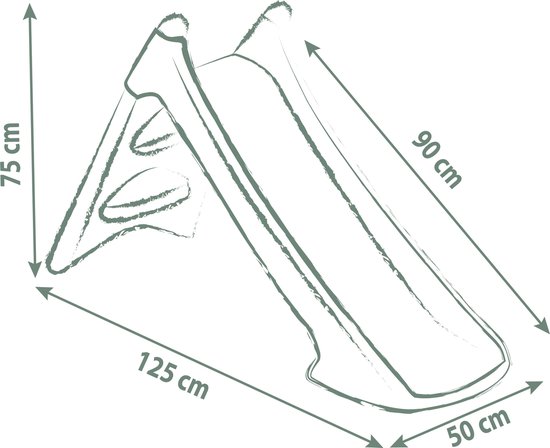 Schematische tekening van een glijbaan met afmetingen: 75 cm hoog, 125 cm lang, 90 cm glijbaanlengte, 50 cm breed.