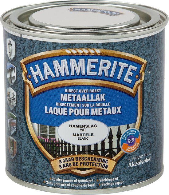 Hammerite metaallak, hamerslag wit H138, 250ml. Blik met turquoise, gebarsten patroon.