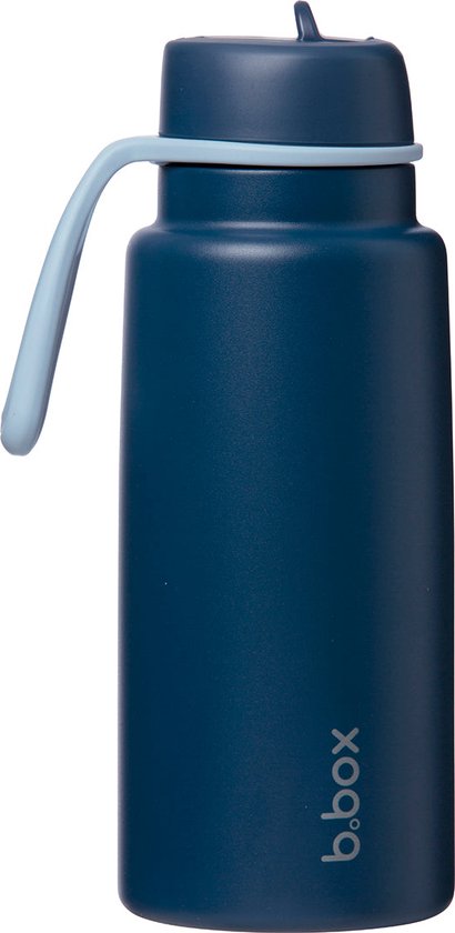 Vue latérale d'une gourde bleu marine avec couvercle rabattable et poignée bleu clair.