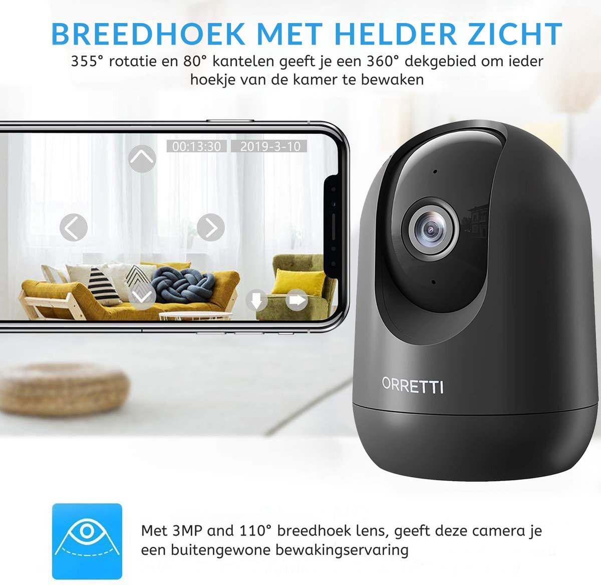 Afbeelding 2 van Orretti X21 - 3MP Dualband WiFi Camera, Installatiegemak met 2.4Ghz en 5Ghz Ondersteuning - Binnencamera, Huisdiercamera, Bewakingscamera, Babyfoon, Beveiligingscamera met Bewegingsdetectie - Zwart