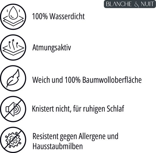 Lijst met kenmerken: 100% waterdicht, ademend, zacht katoen, geruisloos, resistent tegen allergenen.