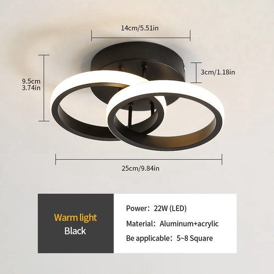 Zwarte plafondlamp met twee in elkaar grijpende ringen, warm wit licht en afmetingen.