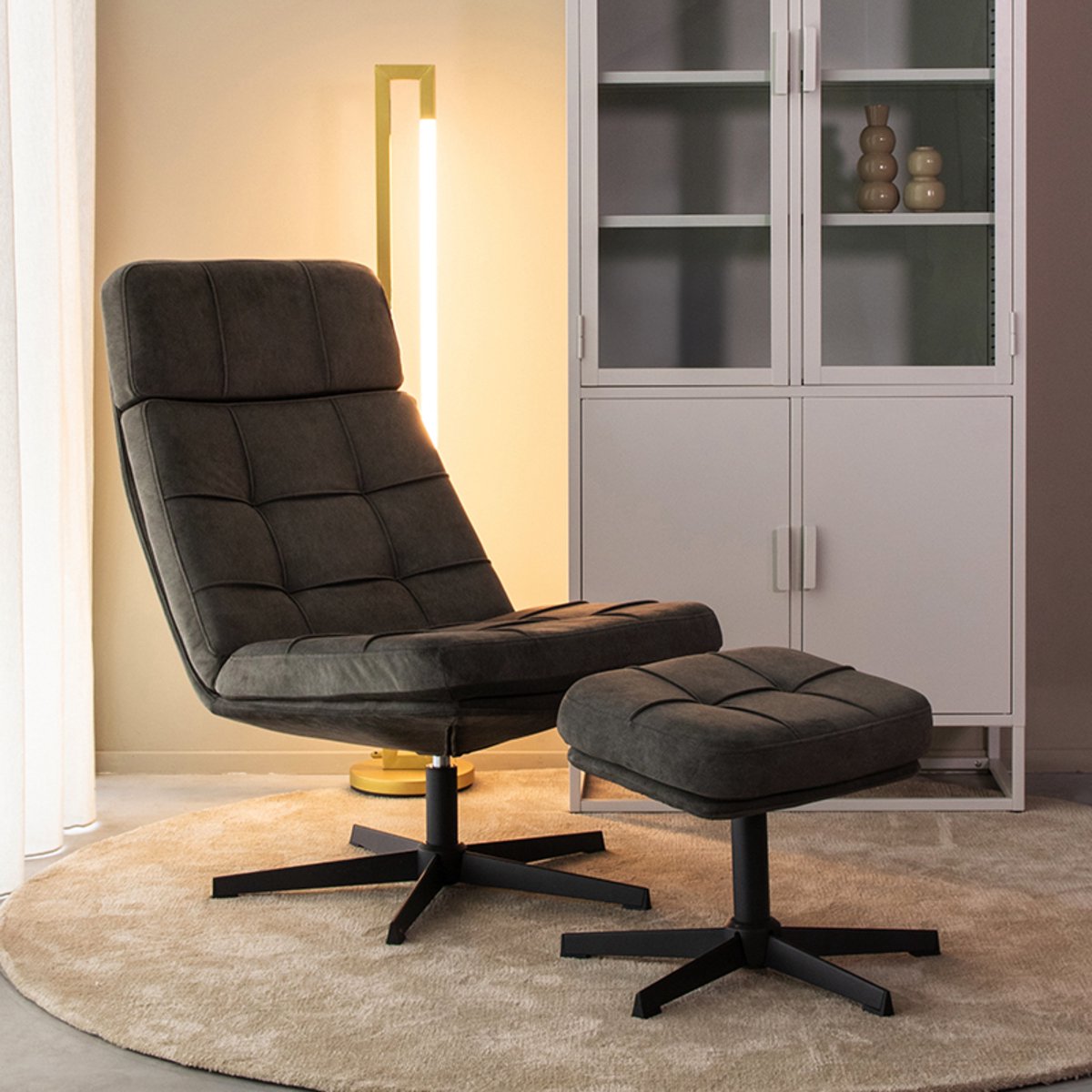 LABEL51 Alvar Fauteuil - Grijs - Velvet - Incl. Hocker Antraciet