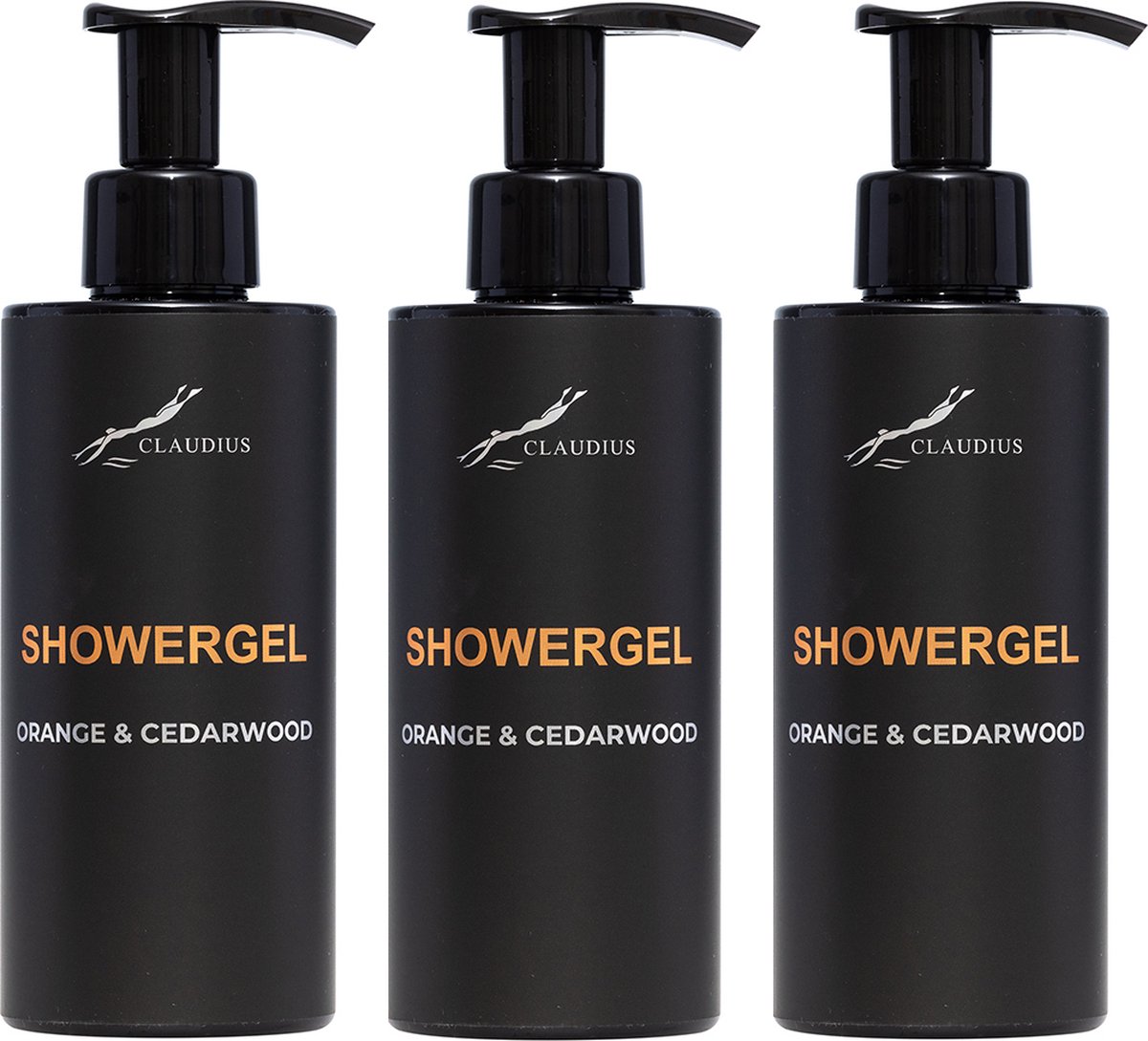Goedkoopste Showergel Sweet Orange & Cedarwood 300 ml - met pomp - zwarte fles - set van 3 stuks - Douchegel - Voordeelverpakking