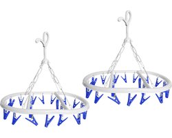 CM Wasgoed droogcarrousel/droogmolen - 2x - 20 clips/knijpers - wit/blauw - kunststof - 29 x 42 cm