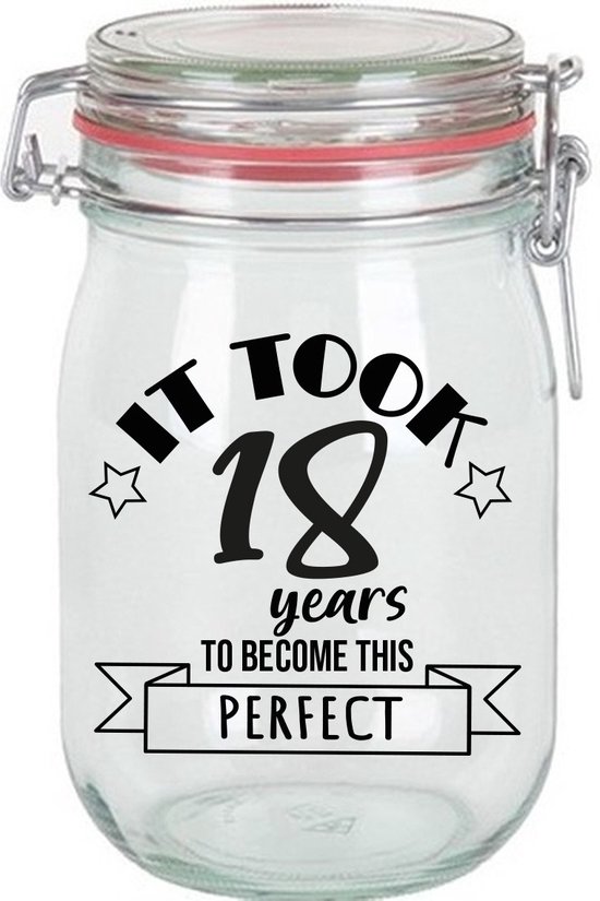 Bocal de rangement pour cadeaux d'anniversaire Bellatio Decorations - 18 ans - verre - 1 litre - bocal à bonbons