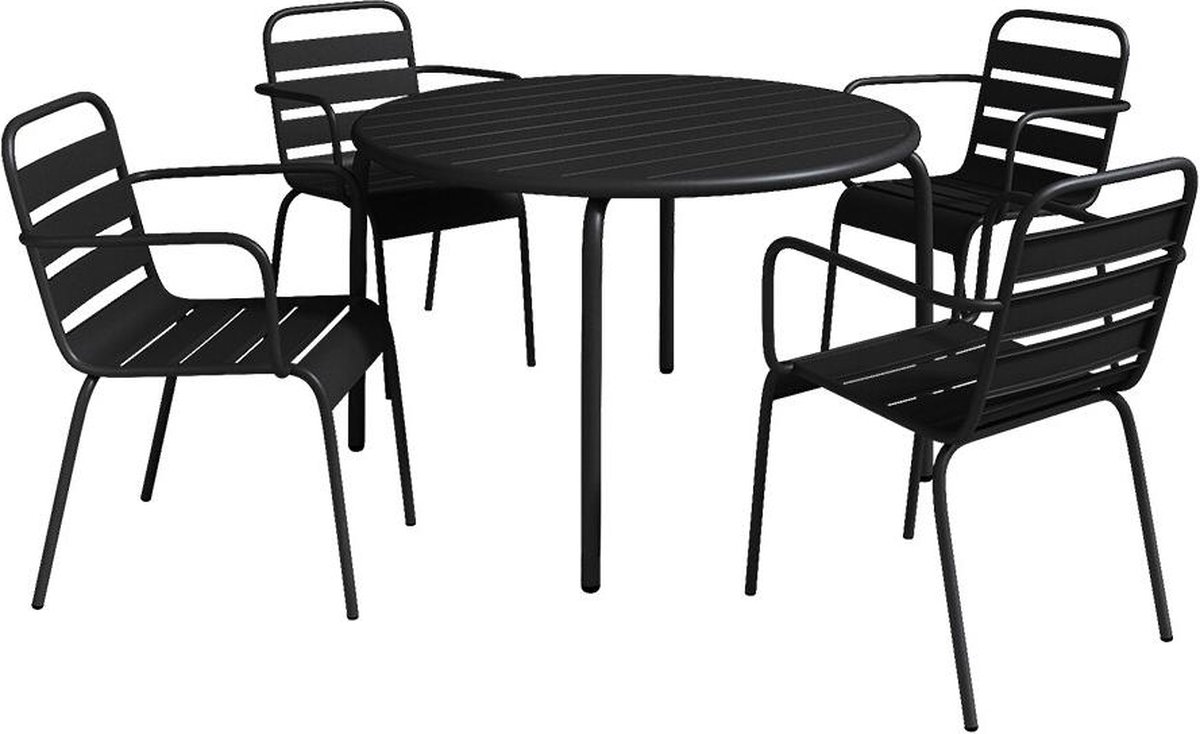 Vente-unique Metalen tuinset met een tafel van Ø110 cm en 4 stapelbare fauteuils - Zwart - MIRMANDE van MYLIA L 110 cm x H 79 cm x D 110 cm