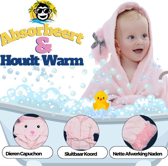 BoefieBoef Schaap Kinder Badjas Baby & Peuter 0-2 Jaar (0-85 cm) - Zacht Katoen Badstof met Dieren Capuchon - Absorberende Ochtendjas Handdoek voor Jongen & Meisje - Zwemles, Carnaval, Verjaardag & Kraamcadeau - Perfect na Bad & Zwemmen - Roze Dier van Merkloos — afbeelding 3