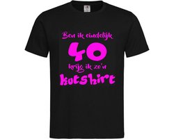 T-shirt Unisex Volwassenen Lol - carnaval - kermis - feestje - grappig - verjaardag Tekst "Ben ik eindelijk 40 krijg ik zo'n kutshirt" Op Voorkant | korte mouw | Zwart/fluor pink | maat L