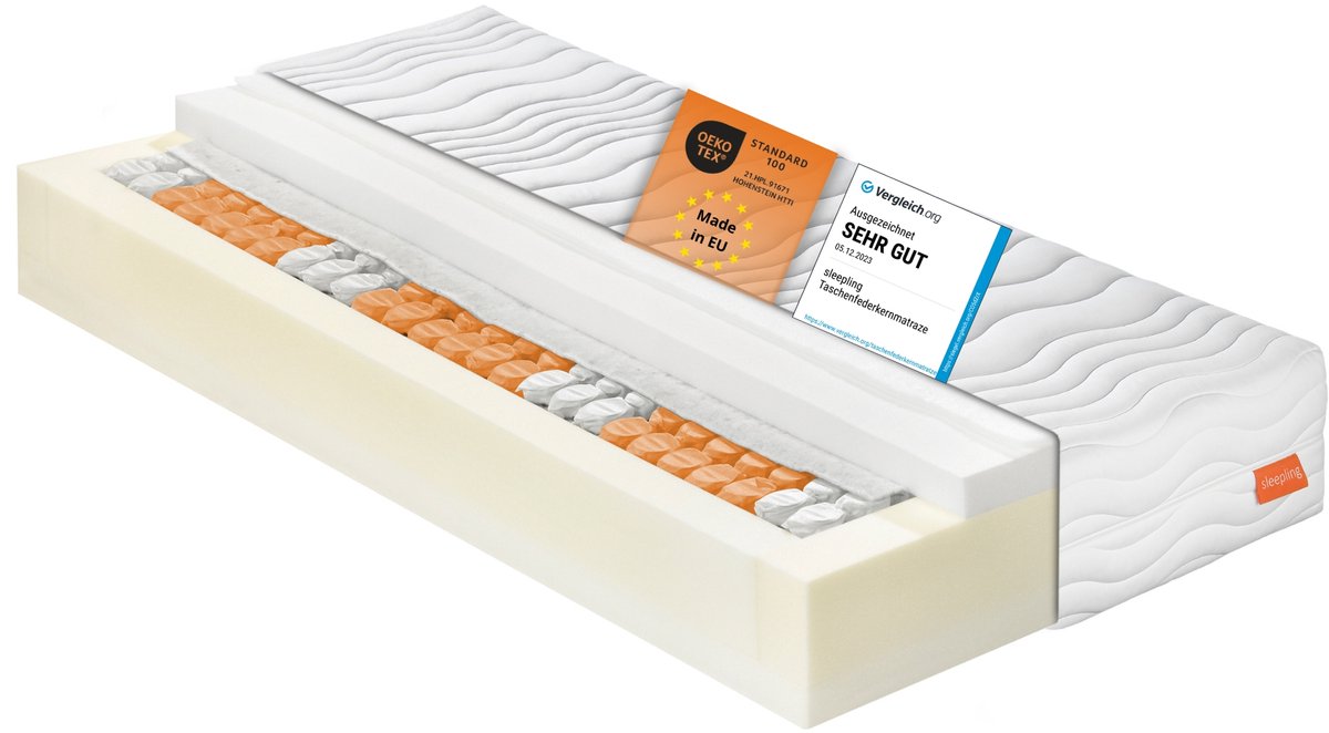 sleepling, binnenvering matras Innovation 320, 90 x 200 x 25 cm, hardheid graad 2 | pocketveren kern | 7-zone | Made in EU | Ökotex 100 | wit
