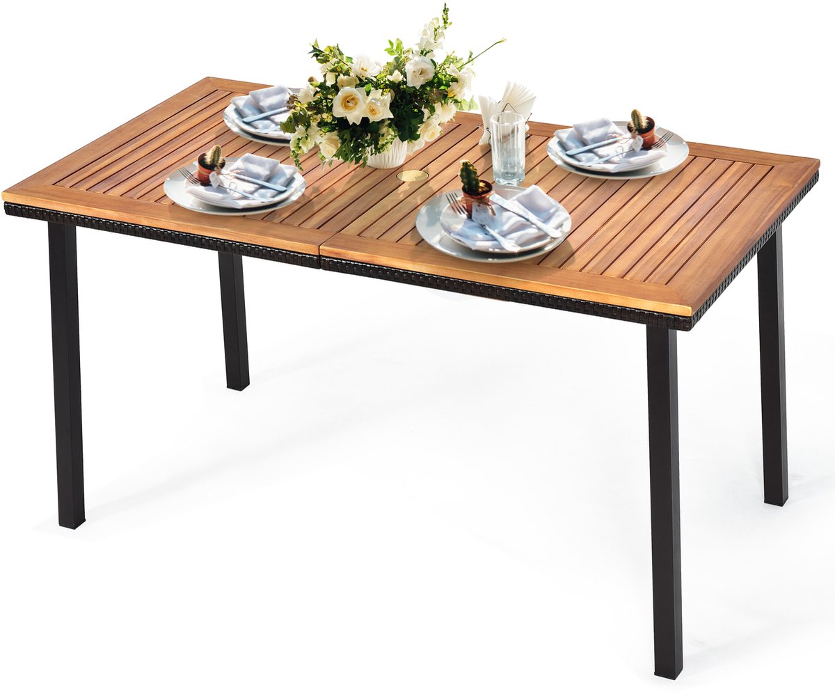 COSTWAY Tuintafel met schermgat, 140 x 75 x 76 cm, eettafel voor 6-8 personen, terrastafel met tafelblad van acaciahout, rechthoekige houten tafel met metalen frame