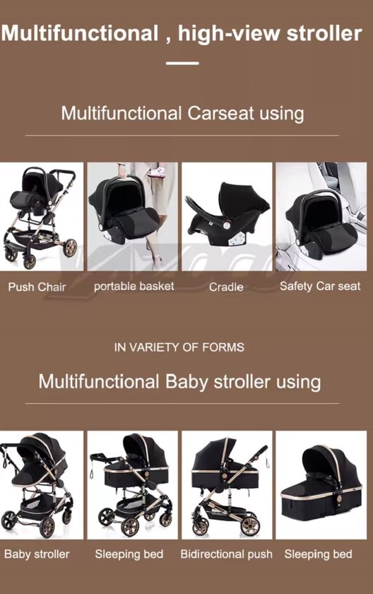 Luxe Multifunctionele 3-in-1 Combi Kinderwagen - Kwalitatieve Buggy - Autostoel - Opklapbare Wandelwagen - Inclusief mamatas- Zwartgoud van LUXE. — afbeelding 4