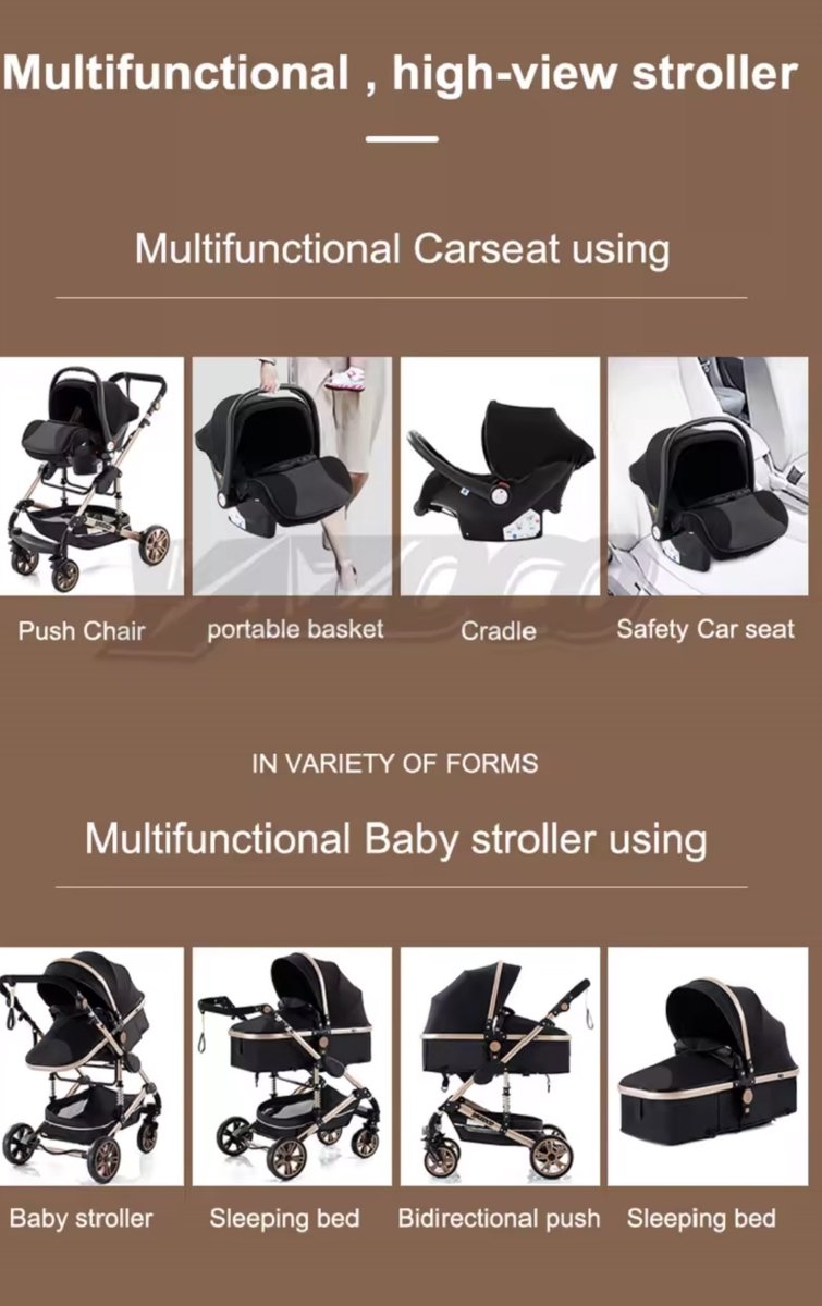 Luxe 3-in-1 Kinderwagen Opklapbaar met Tas - Zwartgoud - afbeelding 3